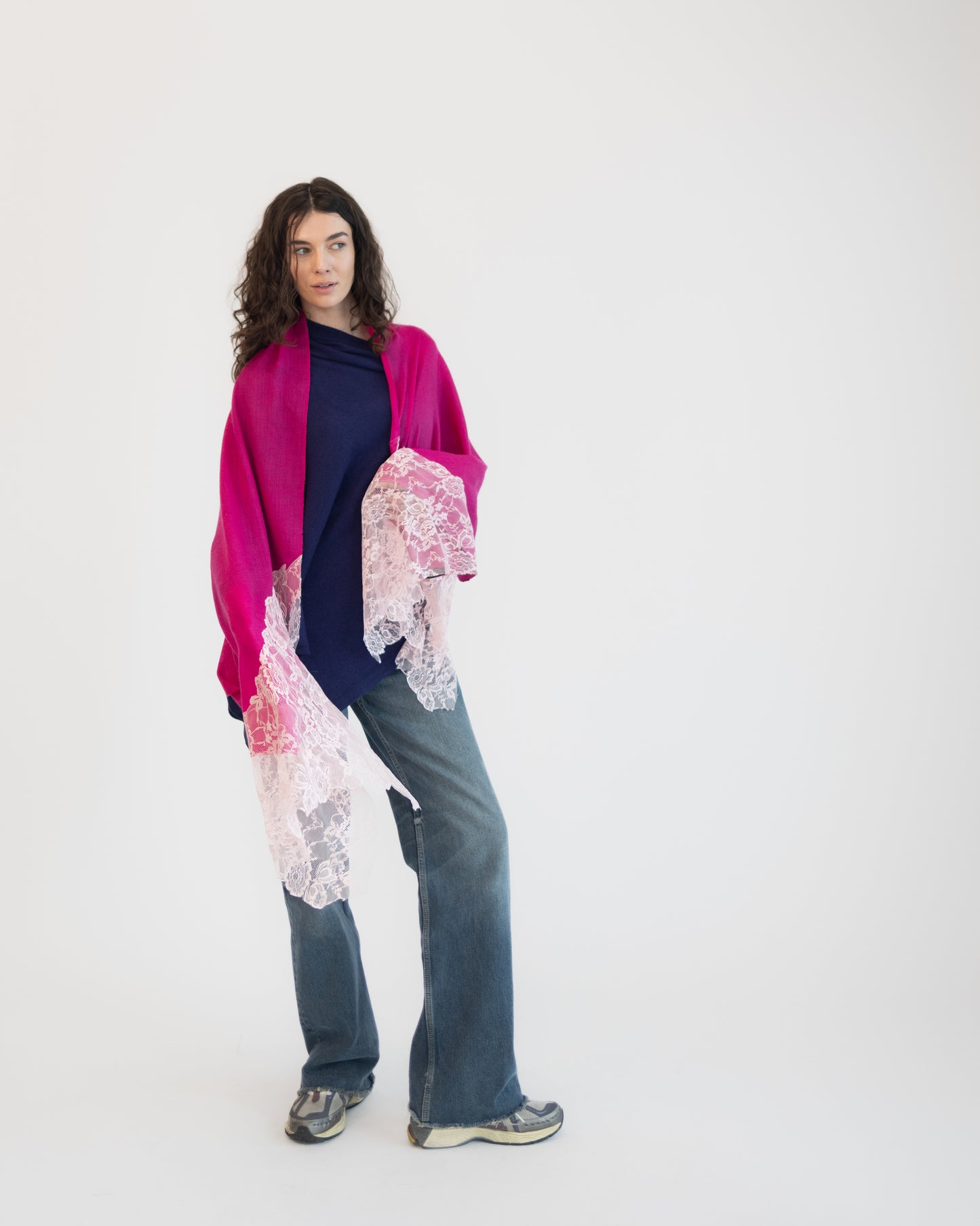 Cashmere w/ Lace Shawl in Berry Pink
