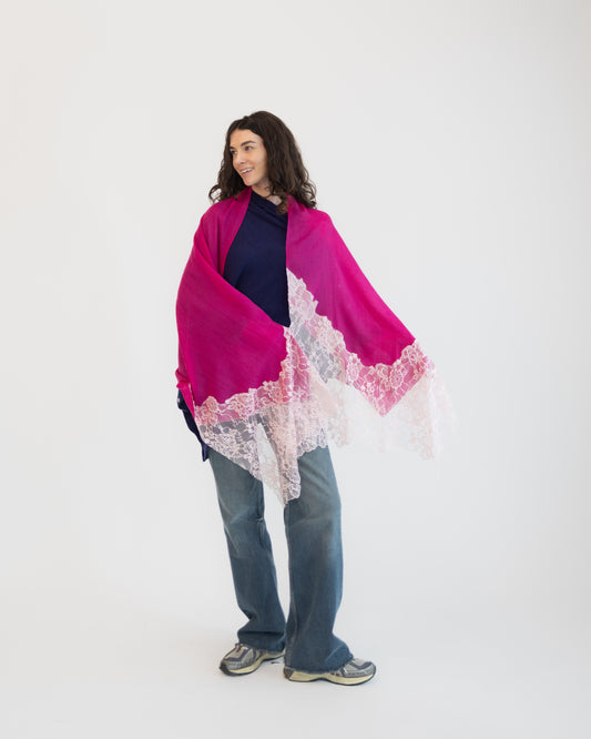 Cashmere w/ Lace Shawl in Berry Pink