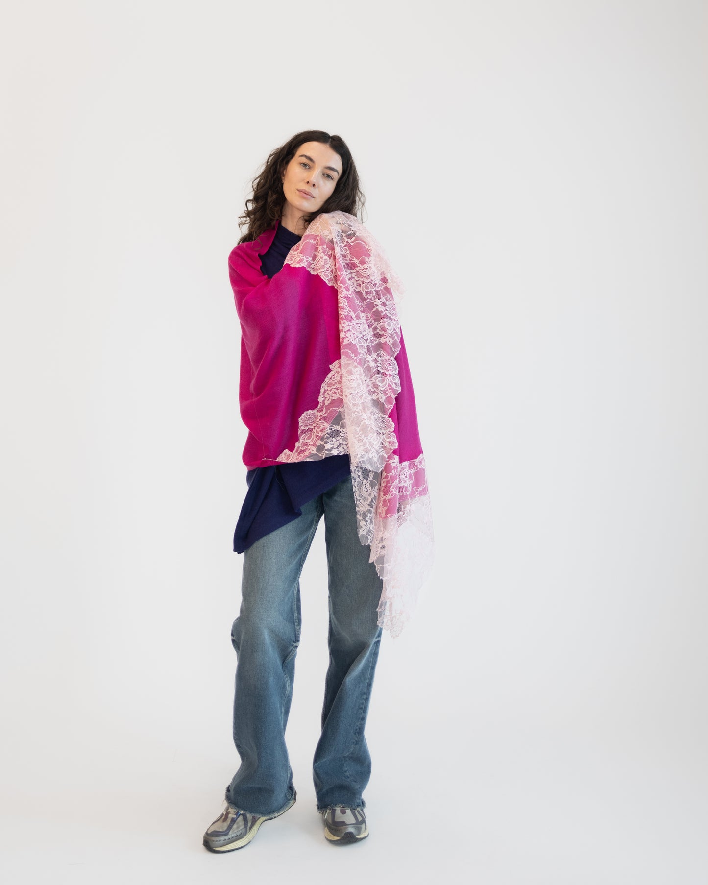 Cashmere w/ Lace Shawl in Berry Pink