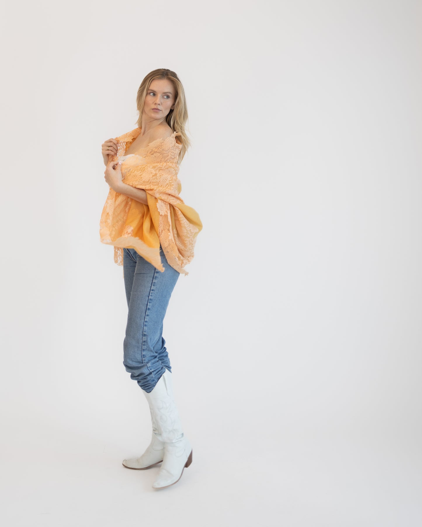 Cashmere w/ Lace Shawl in Peach and Cream