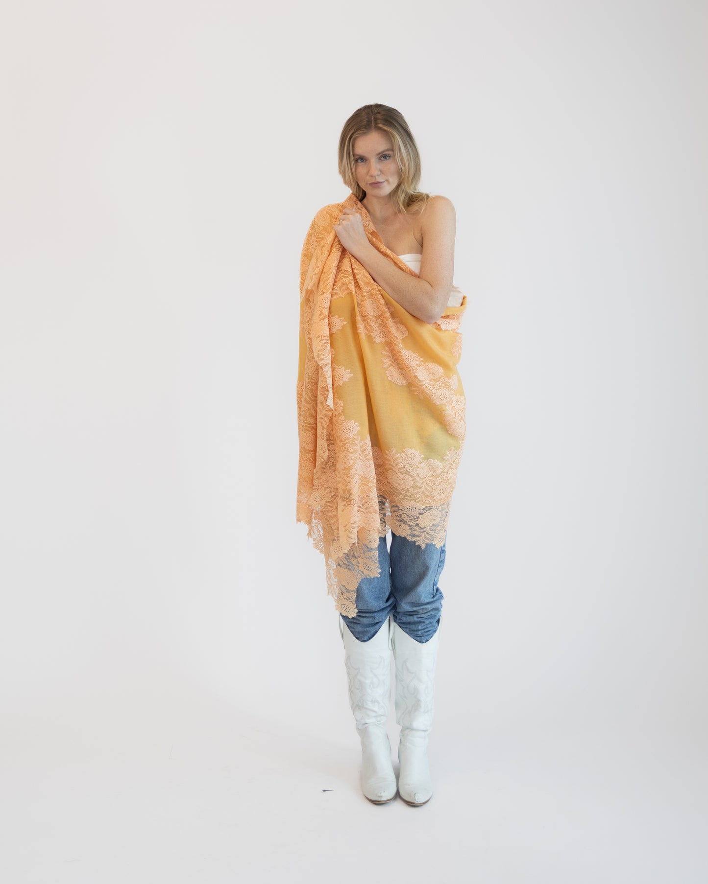 Cashmere w/ Lace Shawl in Peach and Cream