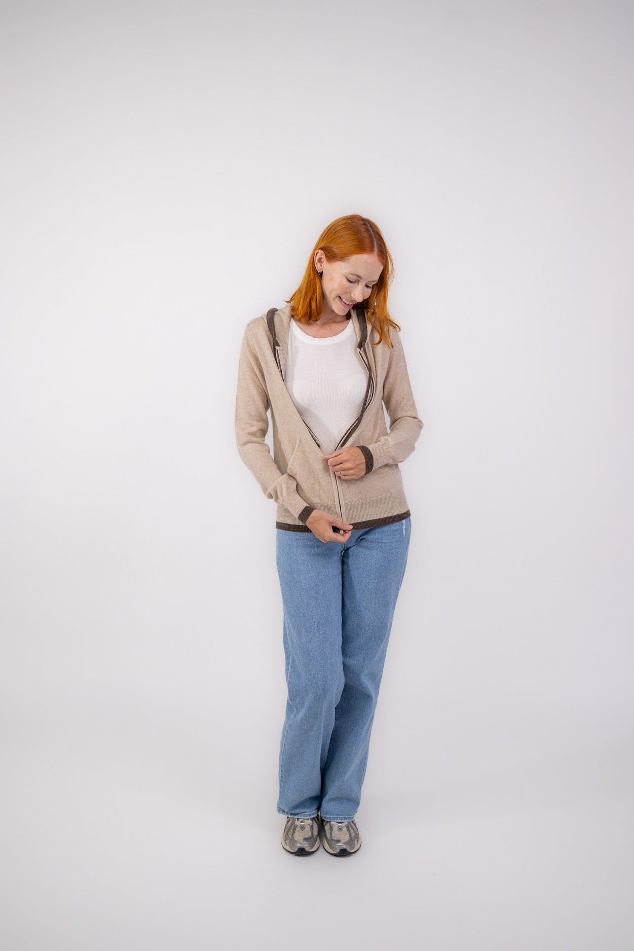 Trendy sand with brown Zip Up Hoodie