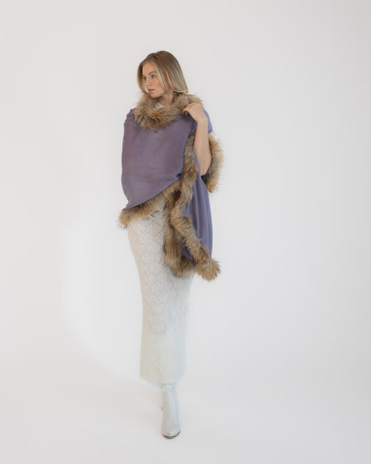 Purple Cashmere Shawl with Faux Fur Hemline