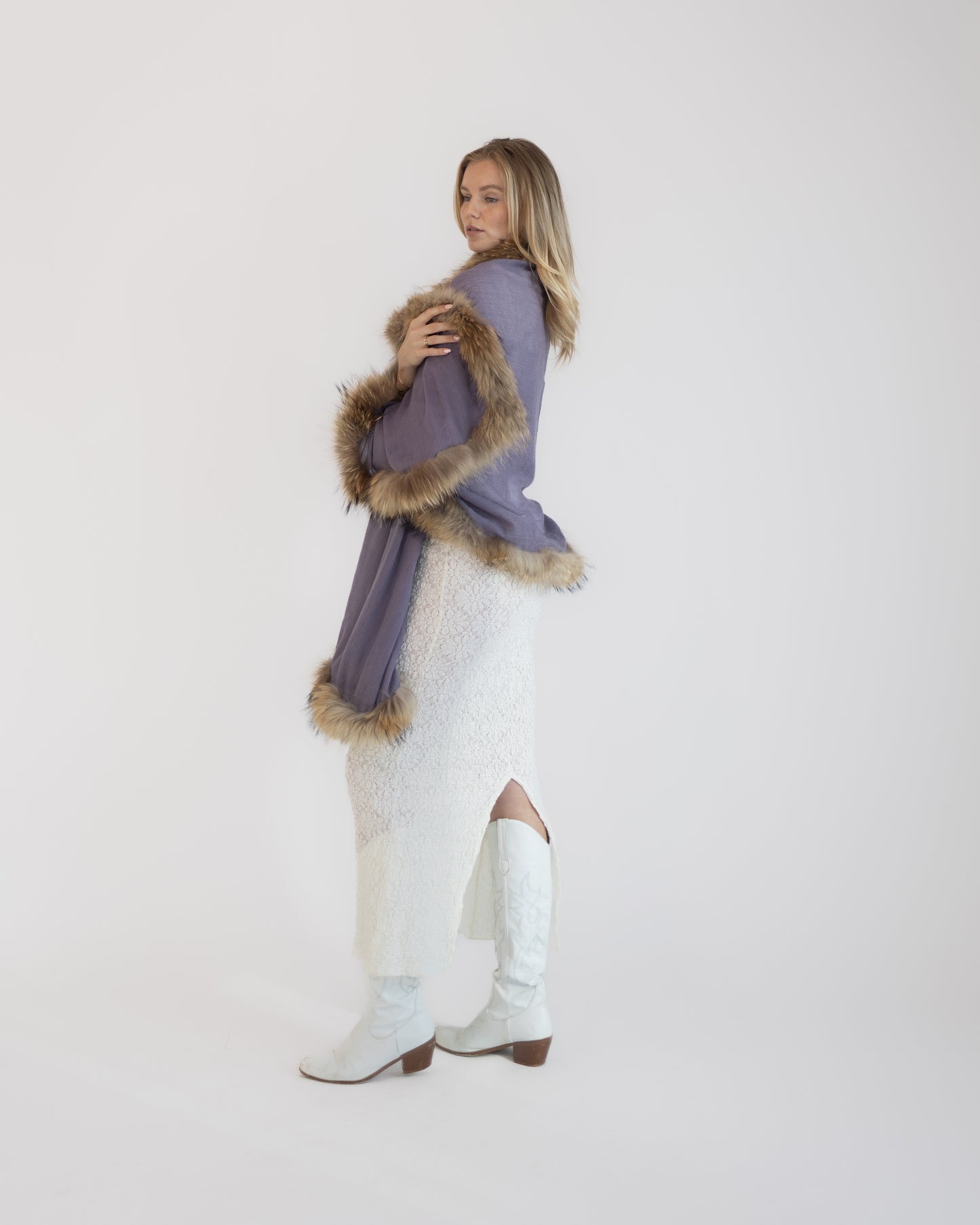 Purple Cashmere Shawl with Faux Fur Hemline
