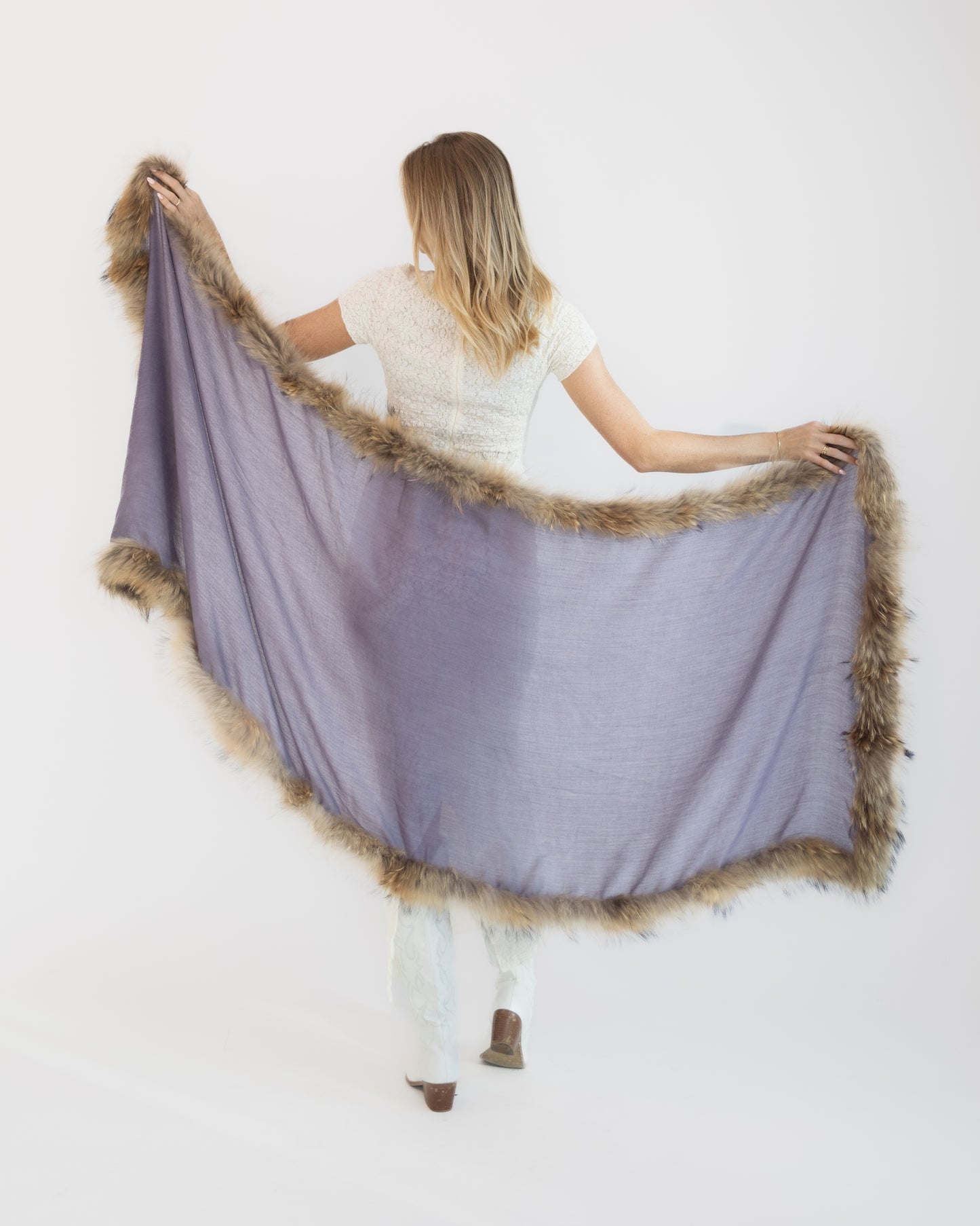Purple Cashmere Shawl with Faux Fur Hemline