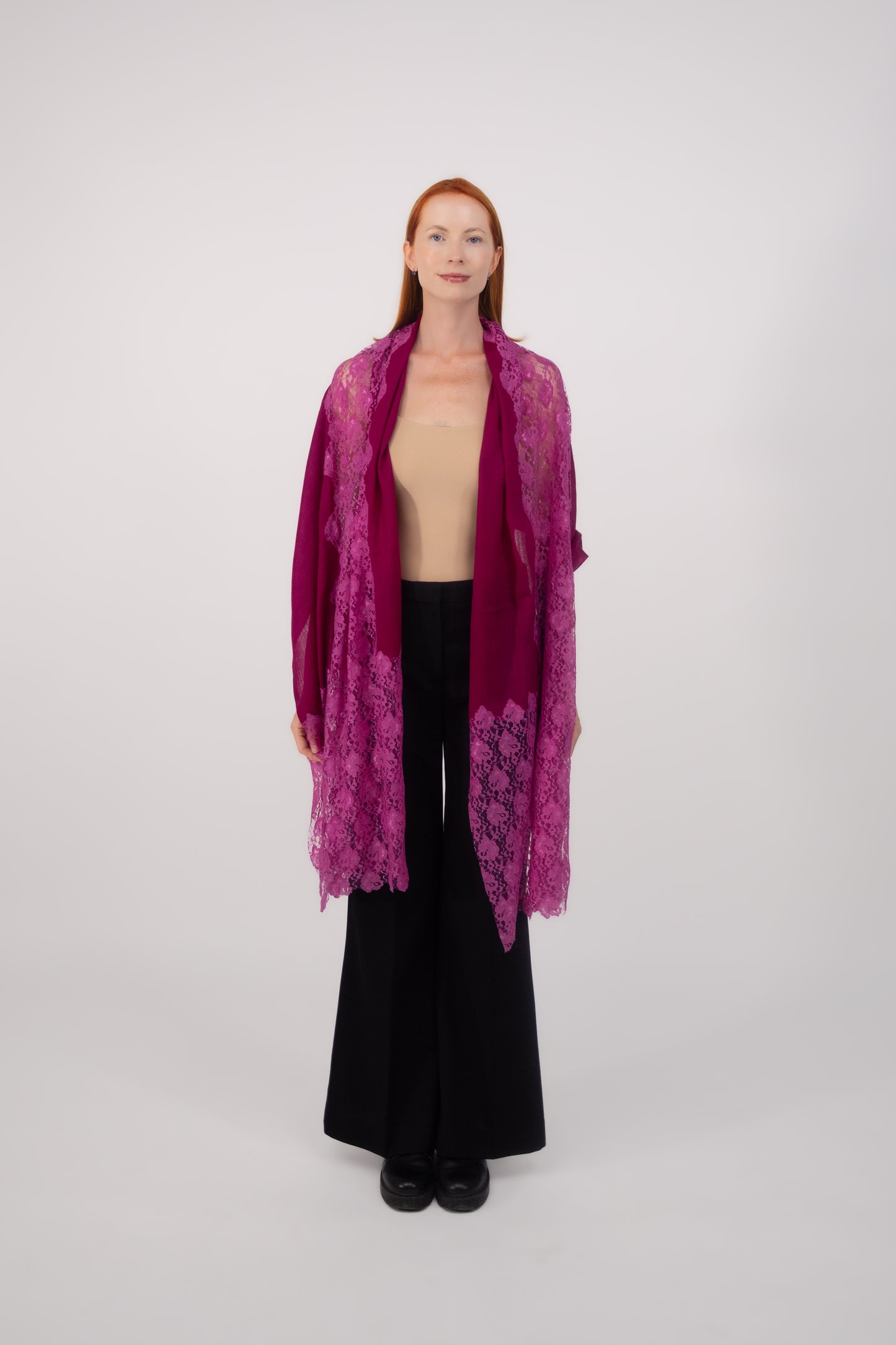 Cashmere W/ Lace Shawl Fuscia Pink