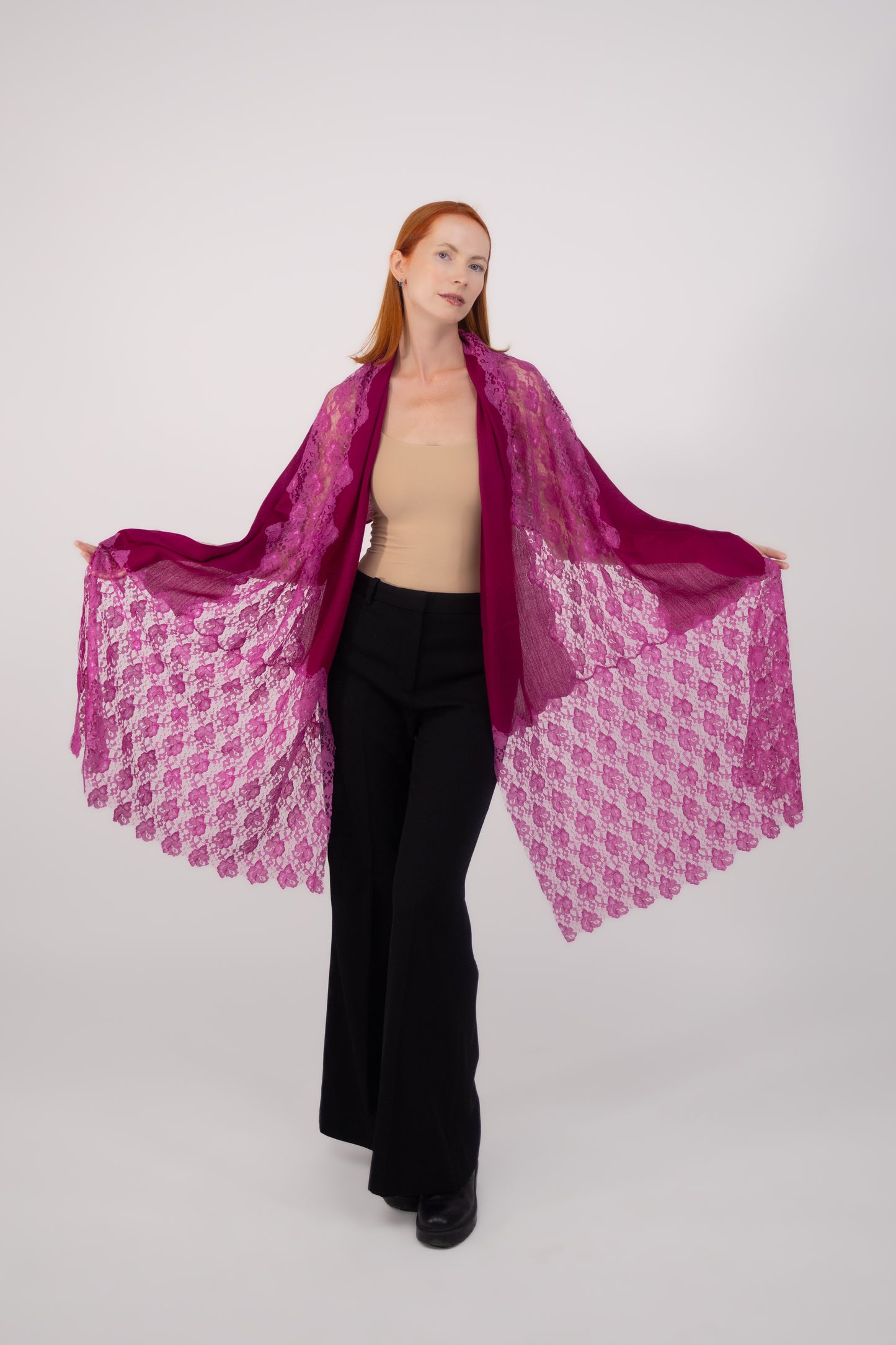 Cashmere W/ Lace Shawl Fuscia Pink