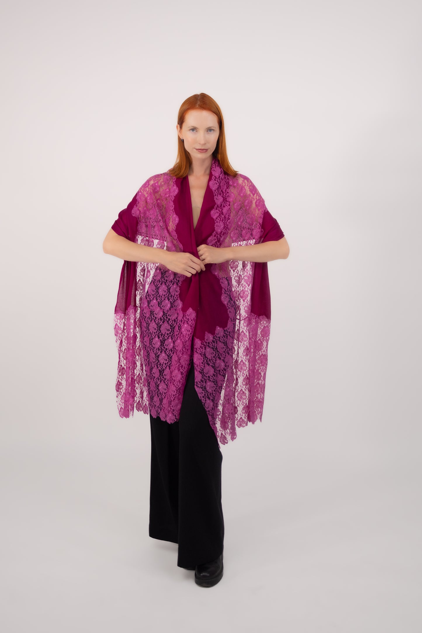 Cashmere W/ Lace Shawl Fuscia Pink