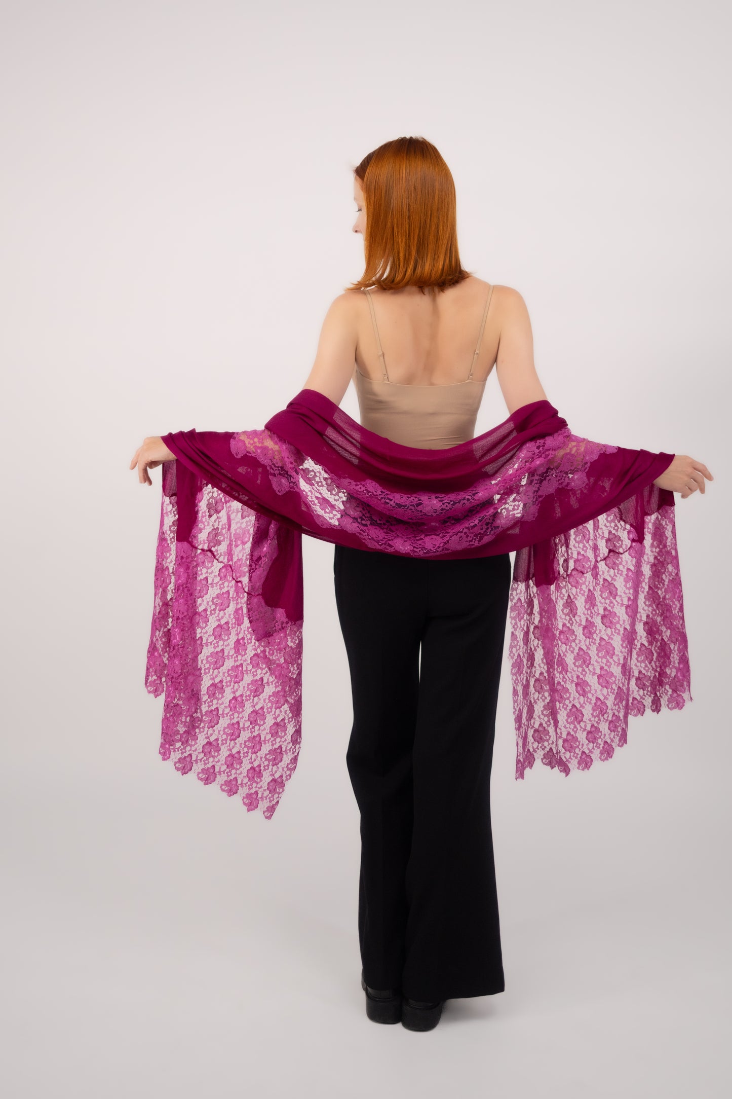Cashmere W/ Lace Shawl Fuscia Pink