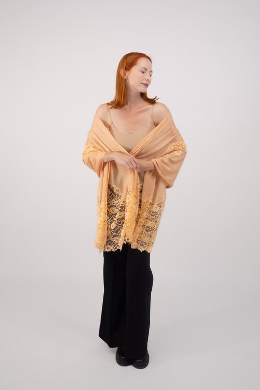 Cashmere W/ Lace Shawl Peach