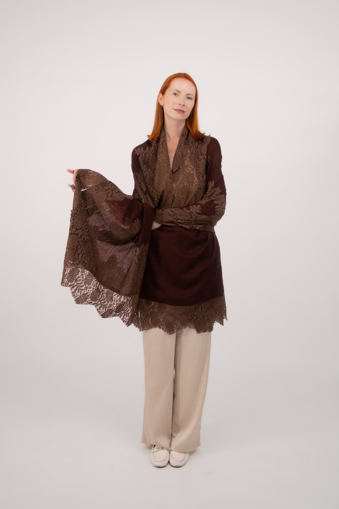 Cashmere W/ Lace Shawl Dark Brown