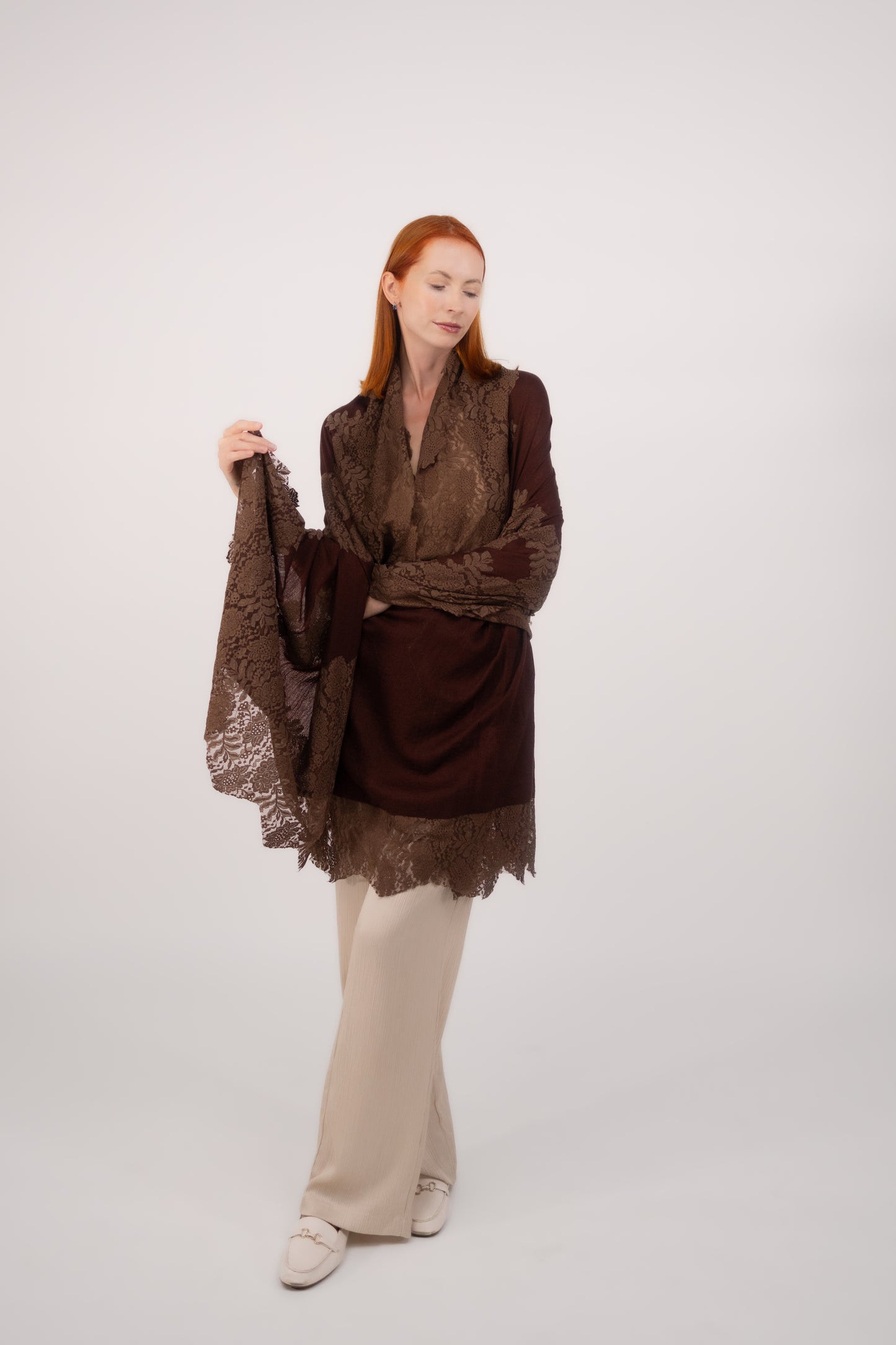 Cashmere W/ Lace Shawl Dark Brown