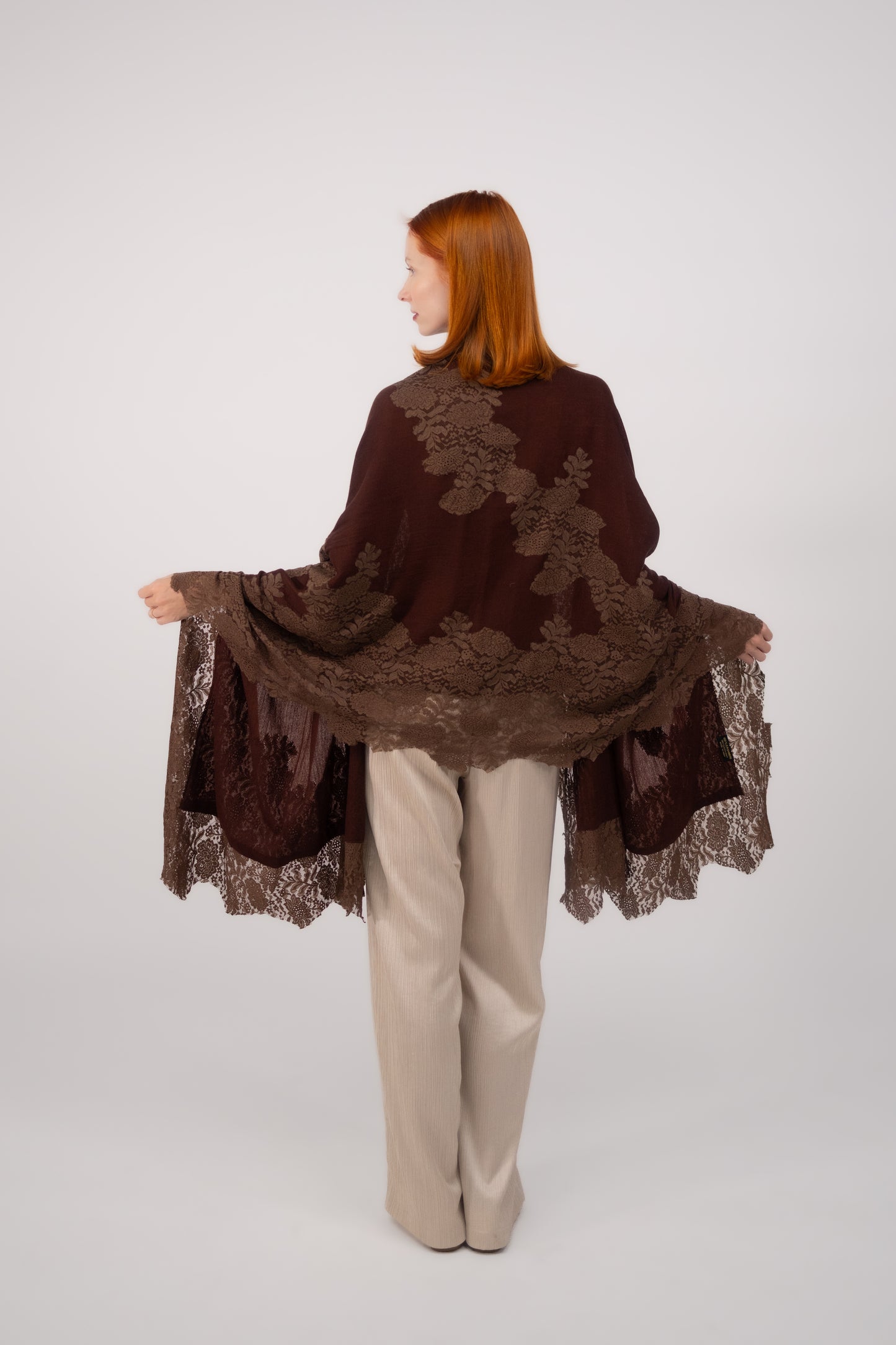Cashmere W/ Lace Shawl Dark Brown