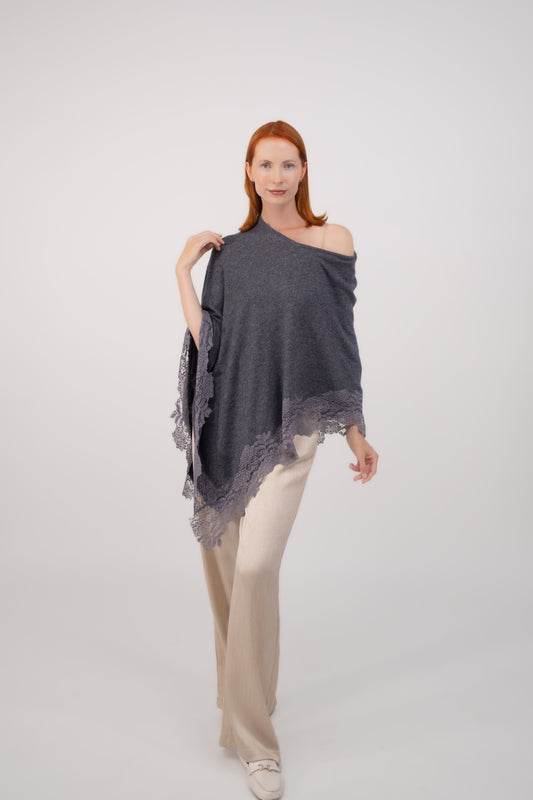 Poncho W/Lace Detail- Gray