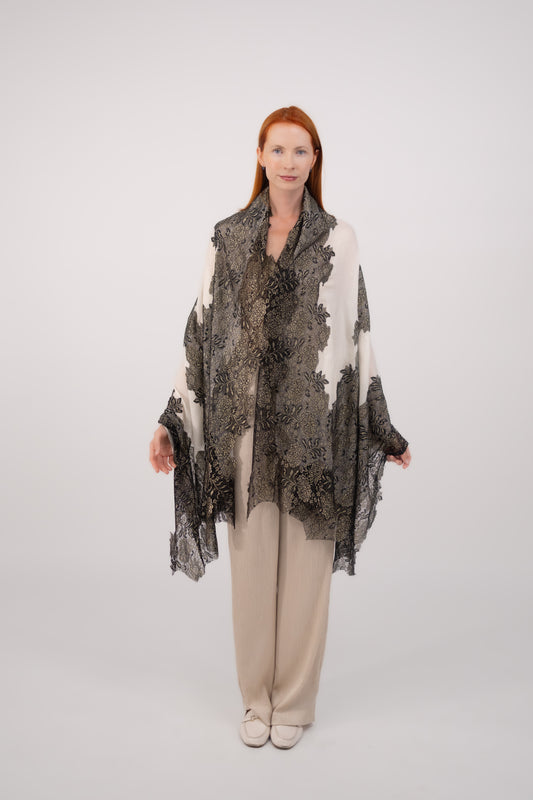 Cashmere W/ Lace Shawl Black and White