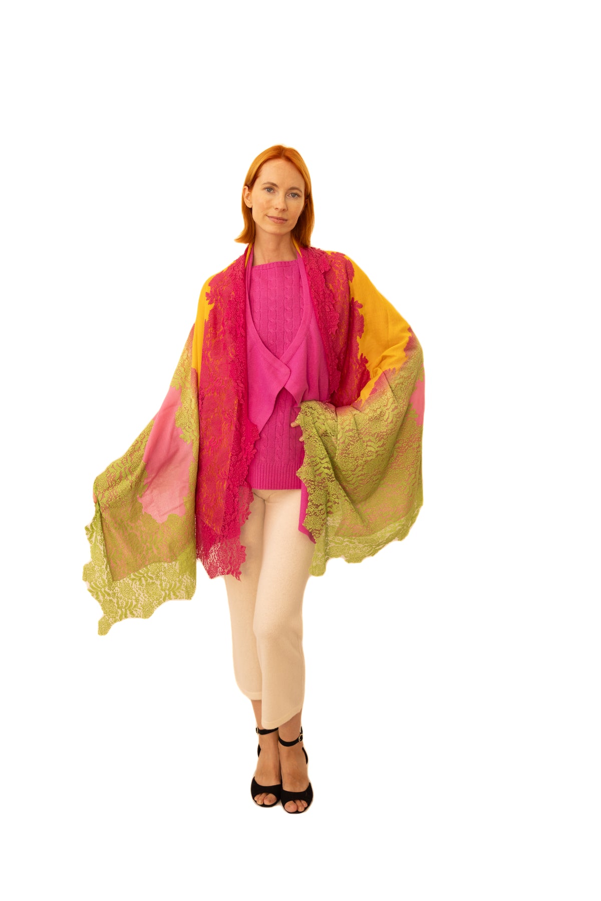 Cashmere Shawl with Silk Lace-Bouquet