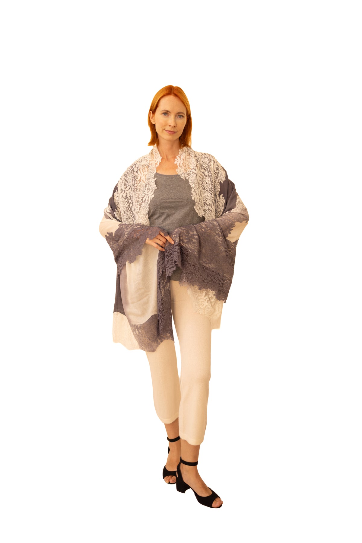Cashmere with Silk Lace- White Gray