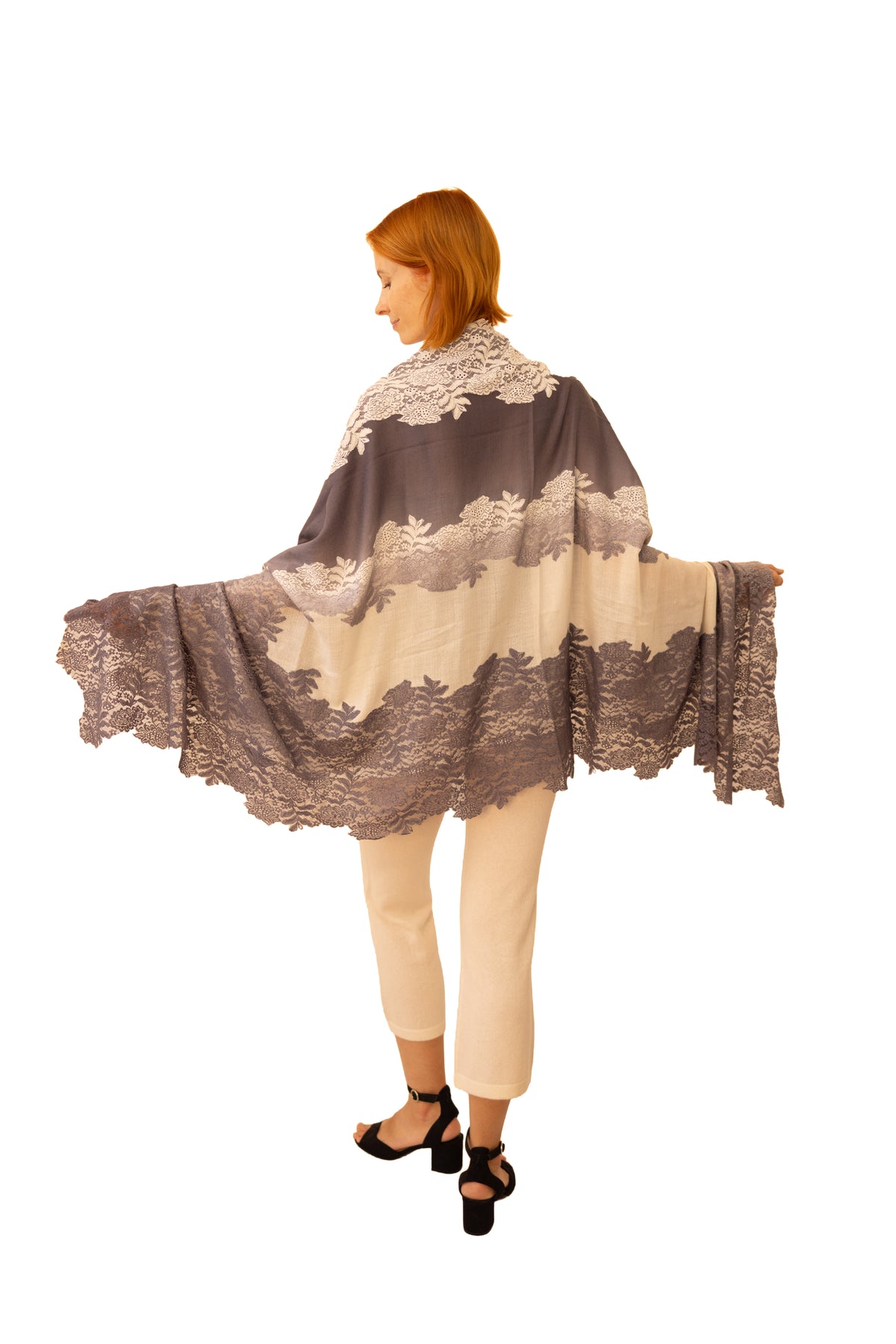 Cashmere with Silk Lace- White Gray