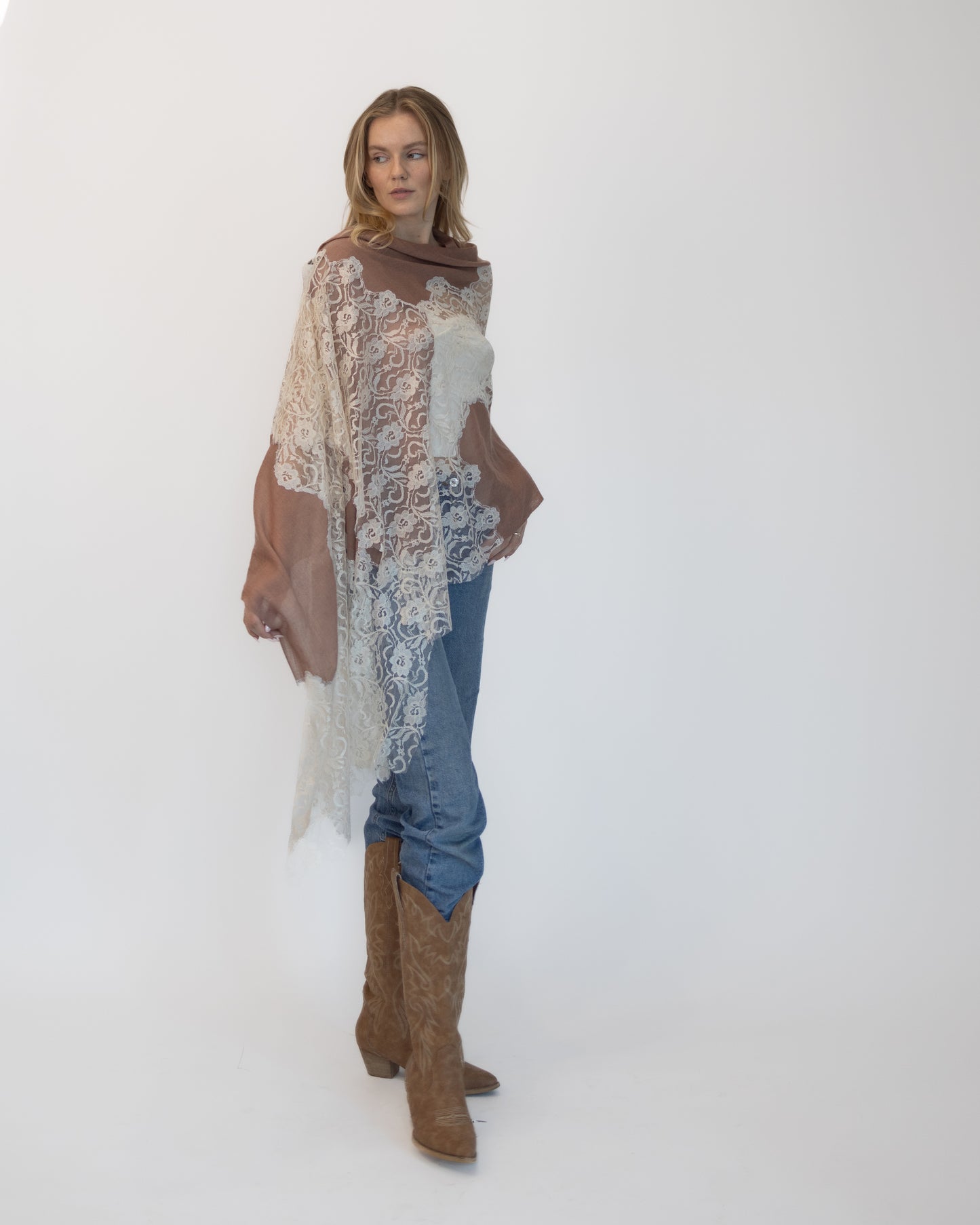 Cashmere w/ Lace Shawl Beige and Cream