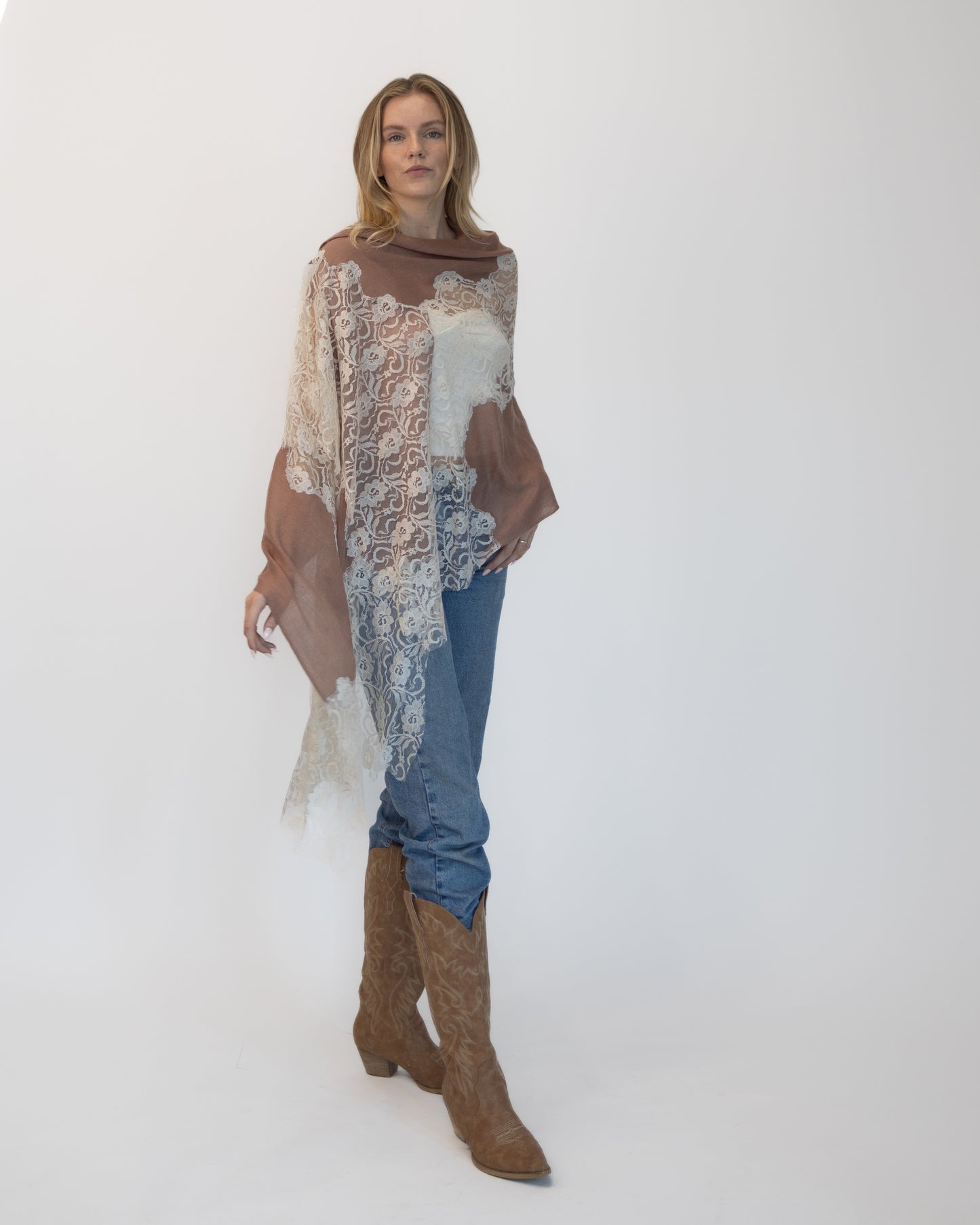 Cashmere w/ Lace Shawl Beige and Cream
