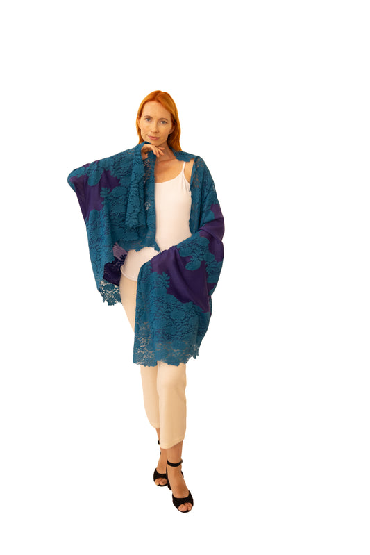 Cashmere Shawl with Silk Lace Mid Night Blue