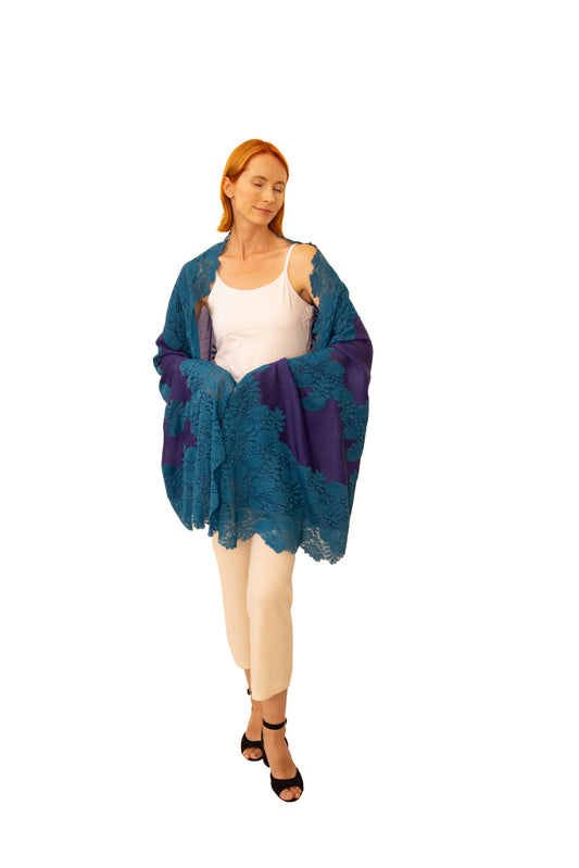 Cashmere Shawl with Silk Lace Mid Night Blue