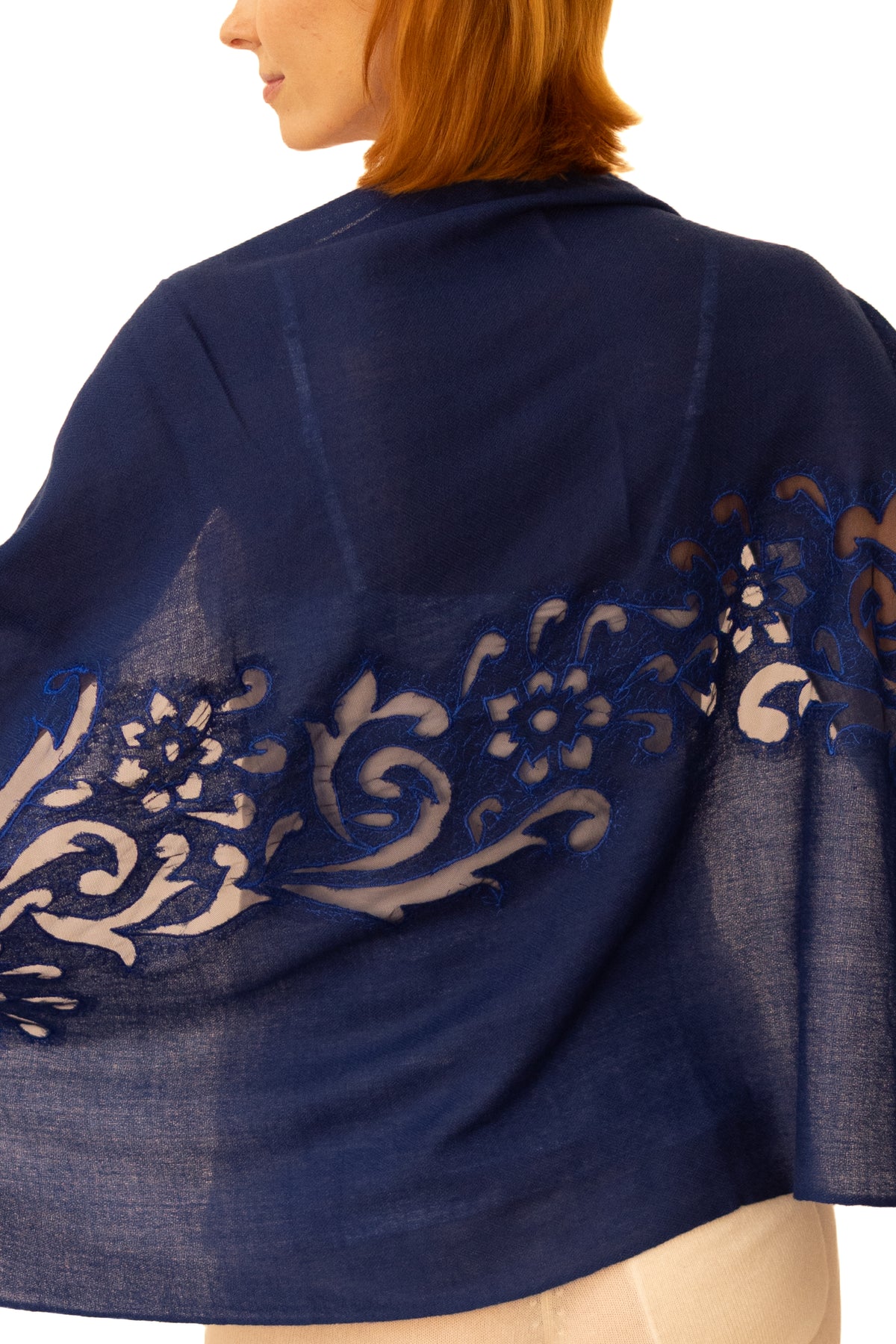 Embroider Cashmere Shawl-Navy Blue