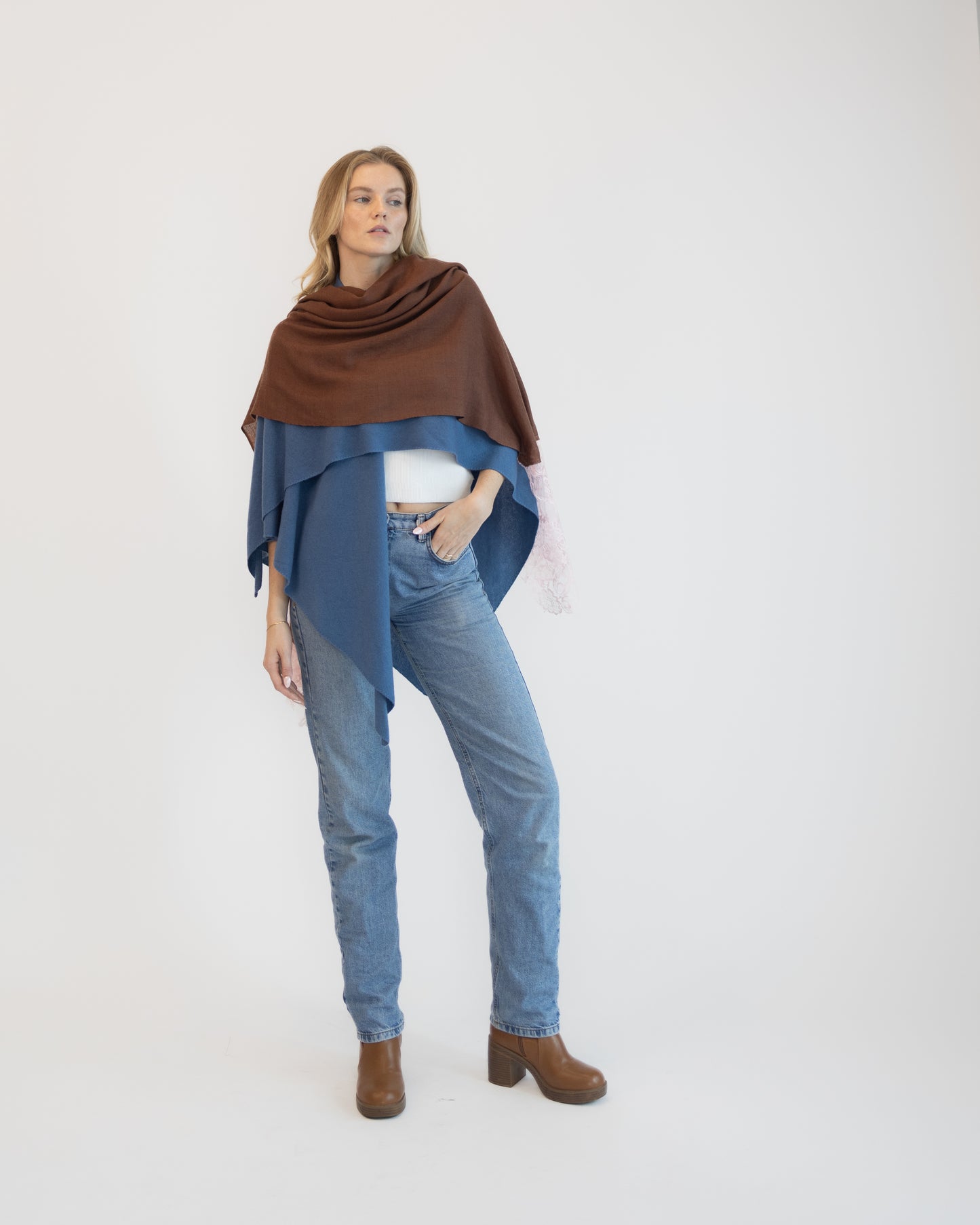 Cashmere w/ Lace Shawl in Brown w/Baby Pink Lace