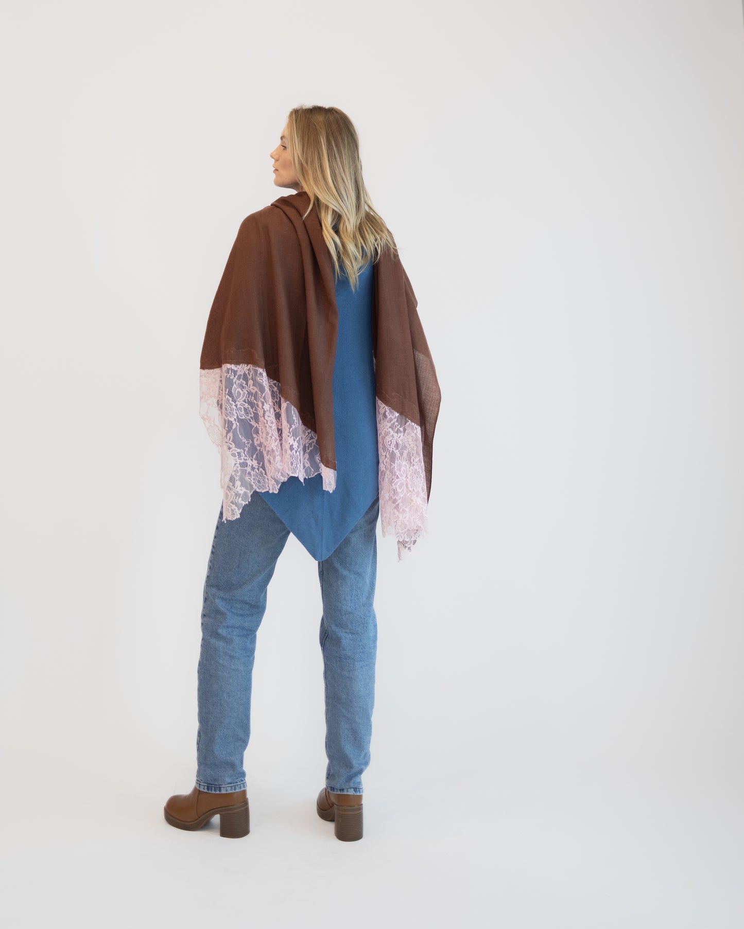 Cashmere w/ Lace Shawl in Brown w/Baby Pink Lace