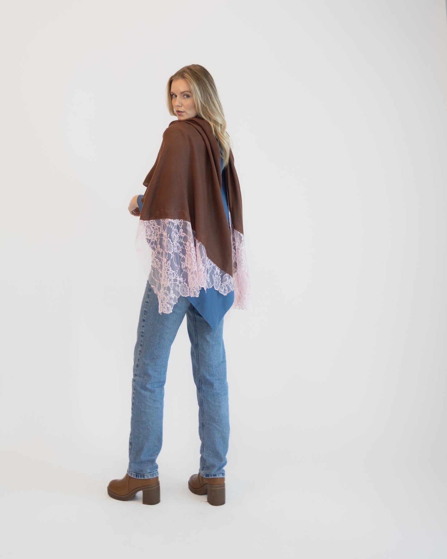Cashmere w/ Lace Shawl in Brown w/Baby Pink Lace