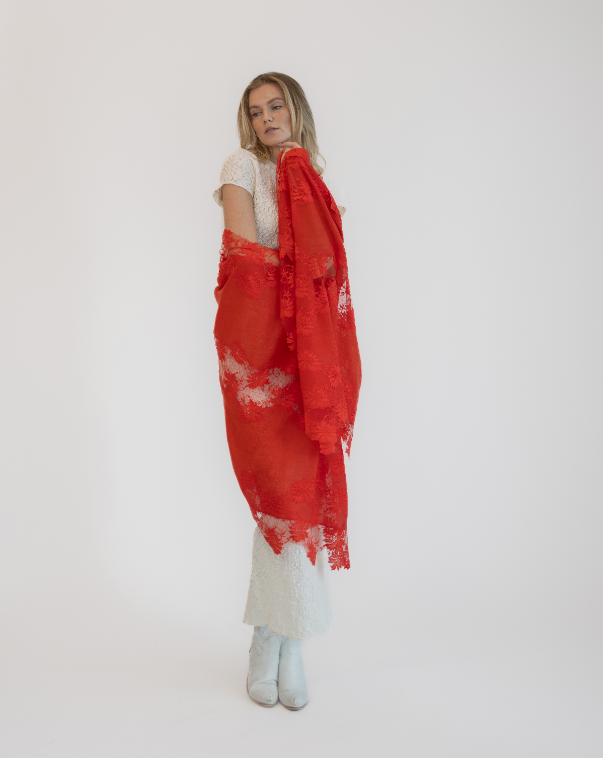 Cashmere w/ Lace Shawl Red